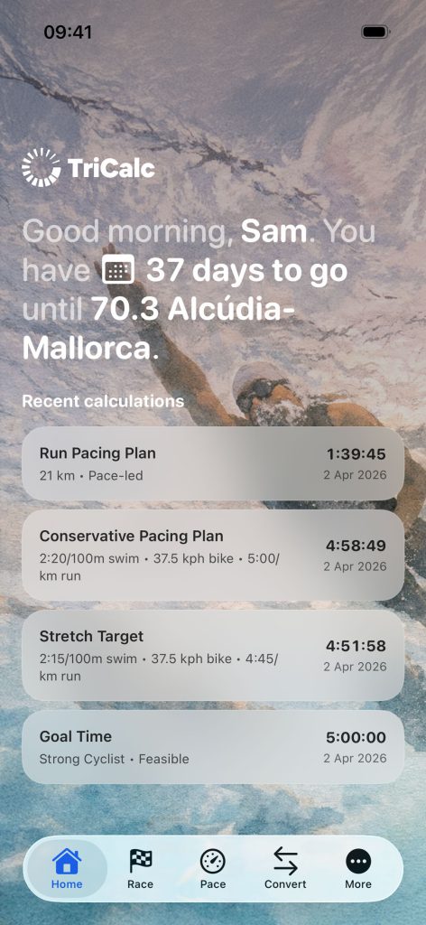TriCalc app screenshot showing race planning