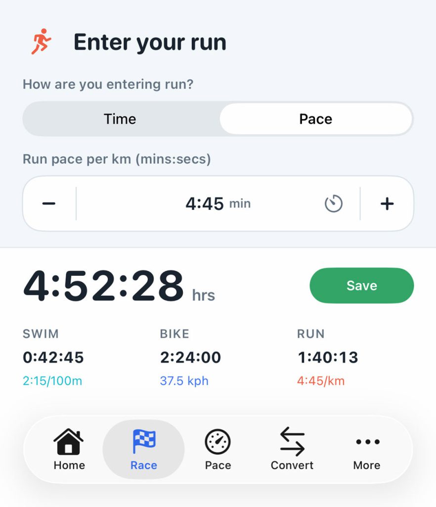 TriCalc race-time calculator showing bike speed, run pace and a projected finish time