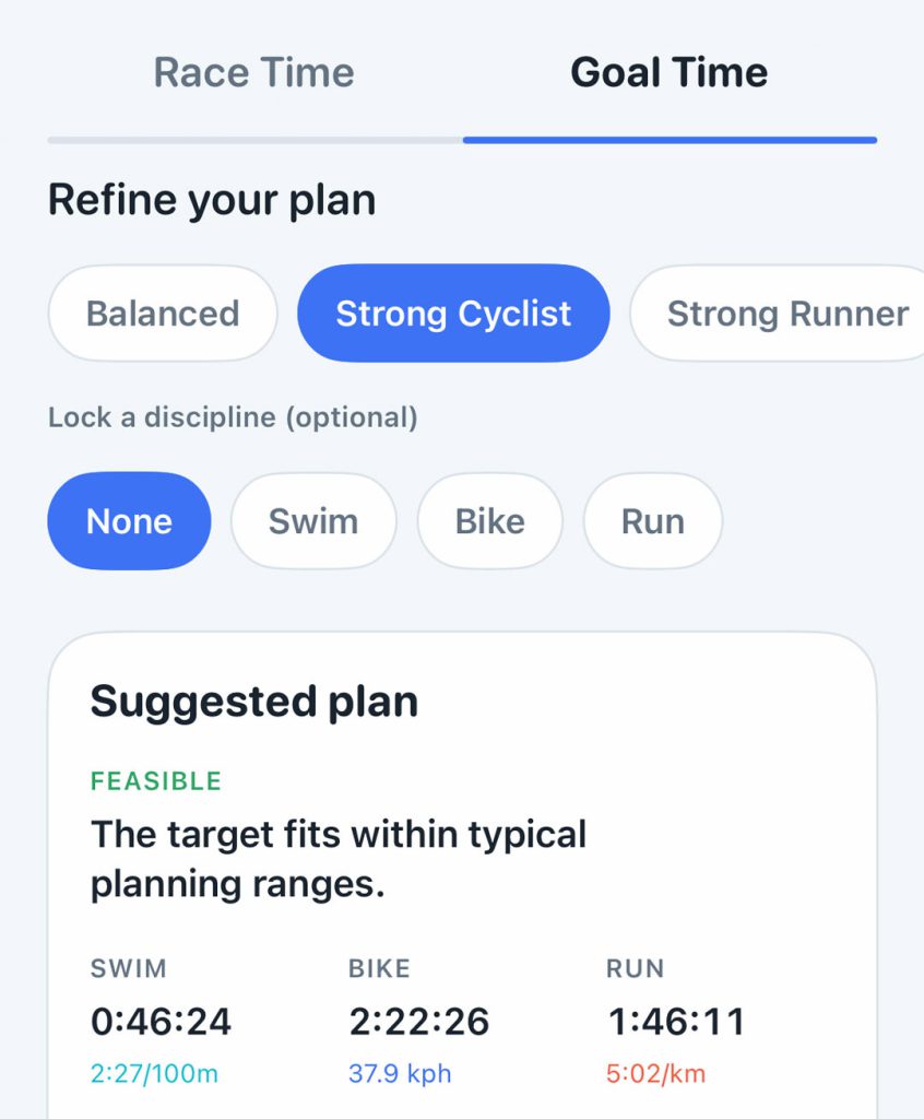TriCalc goal-time calculator showing a feasible strong-cyclist race plan