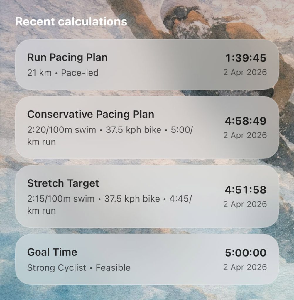 TriCalc recent calculations showing conservative, stretch and goal-time race plans